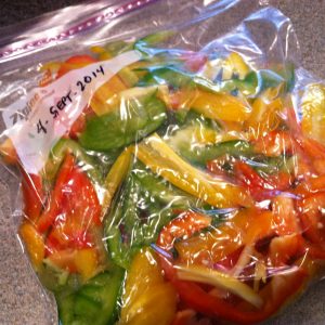 Sliced peppers in freezer bag